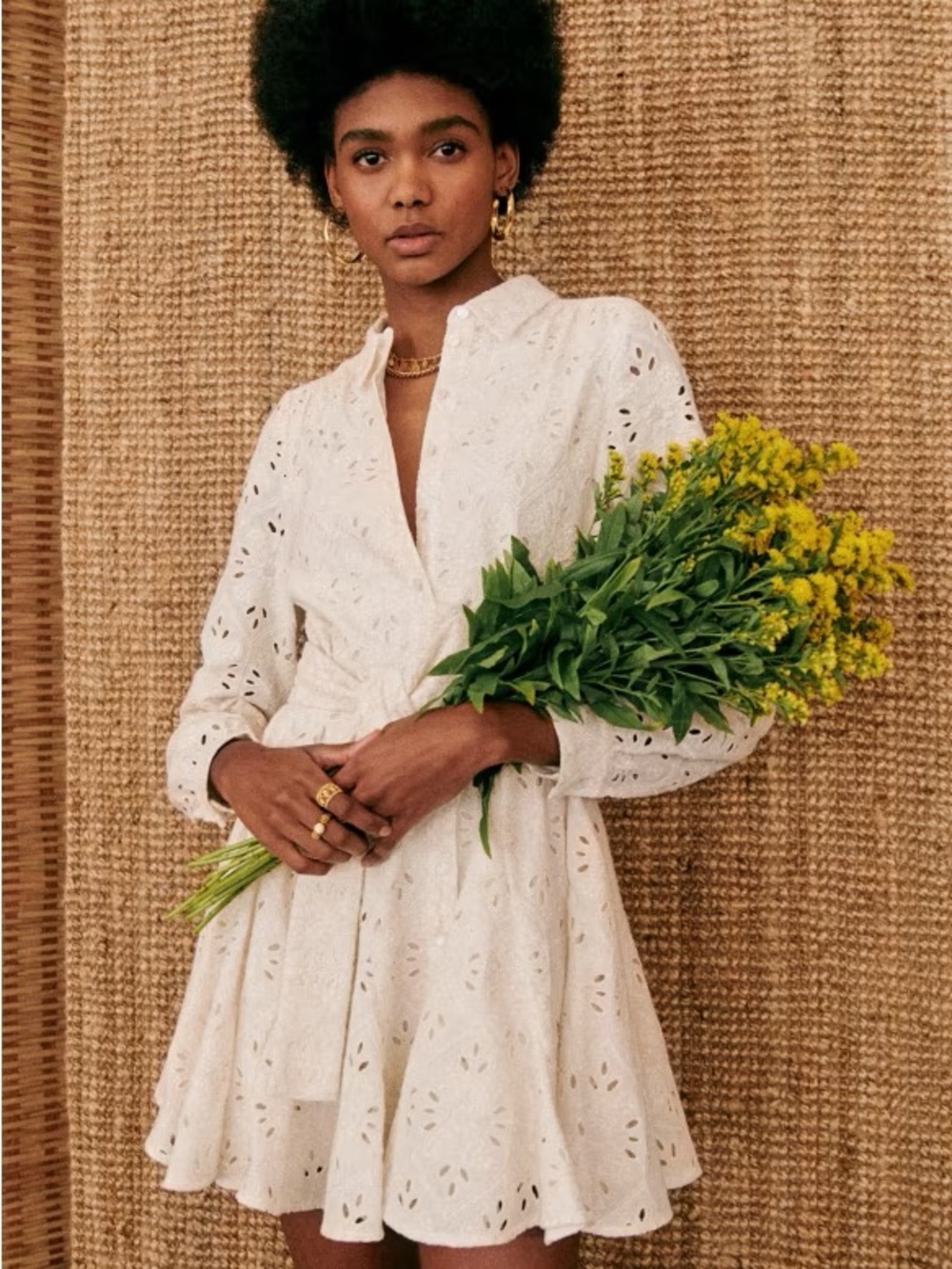 Sezane Sol Dress Ecru Eyelet Button Up Fit-and-Flare French Chic 38 EUC